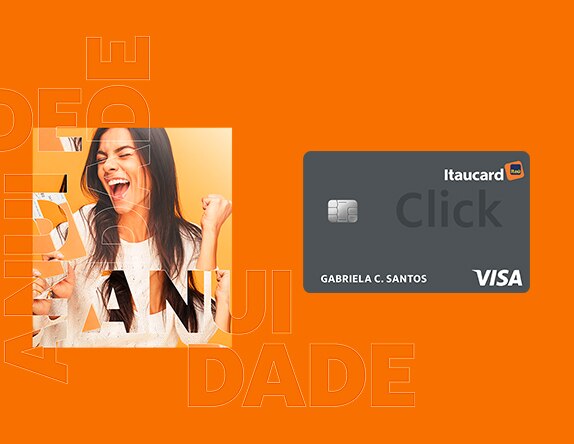 imagem composta por um cartão Itaucard Click em um fundo cinza e uma foto de uma mulher sorrindo ao lado.