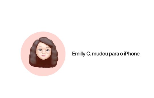 Thumbnail do vídeo "Quem muda para o Iphone, muda pra sempre", com a ilustração do rosto de uma mulher, com o texto ao lado "Emily C. mudou para o iPhone"