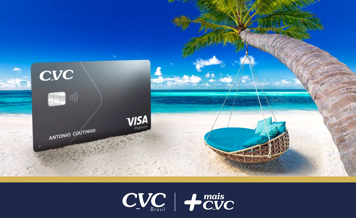 imagem composta por um cartão CVC Visa em uma praia do Caribe