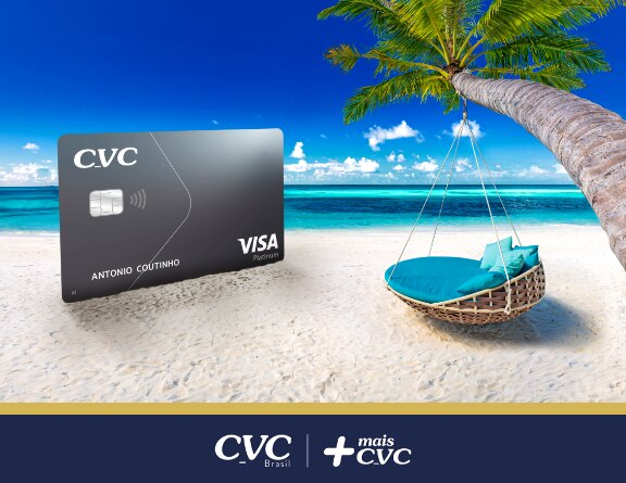 imagem composta por um cartão CVC Visa em uma praia do Caribe