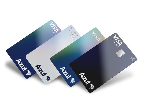 Imagem de cartões Azul Itaucard Visa Internacional, Gold, Platinum e Infinite dispostos lado a lado.
