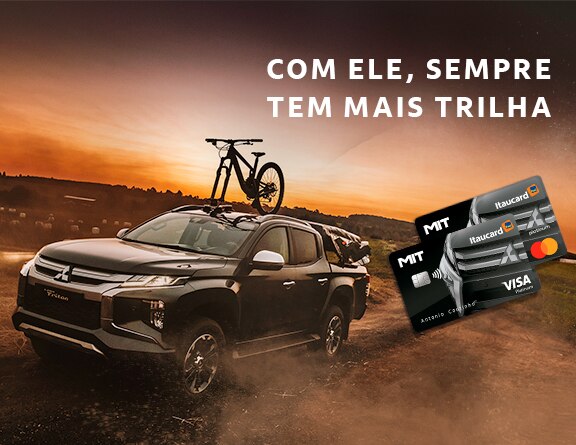 Imagem de veículo Mitsubishi próximo ao cartão Mitsubishi Itaucard com a frase "com ele, sempre tem mais trilha" no canto direito.
