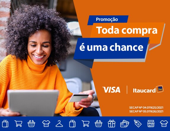 imagem composta por uma mulher sorrindo mexendo em um computador com os dizeres "promoção toda compra é uma chance" ao lado direito.