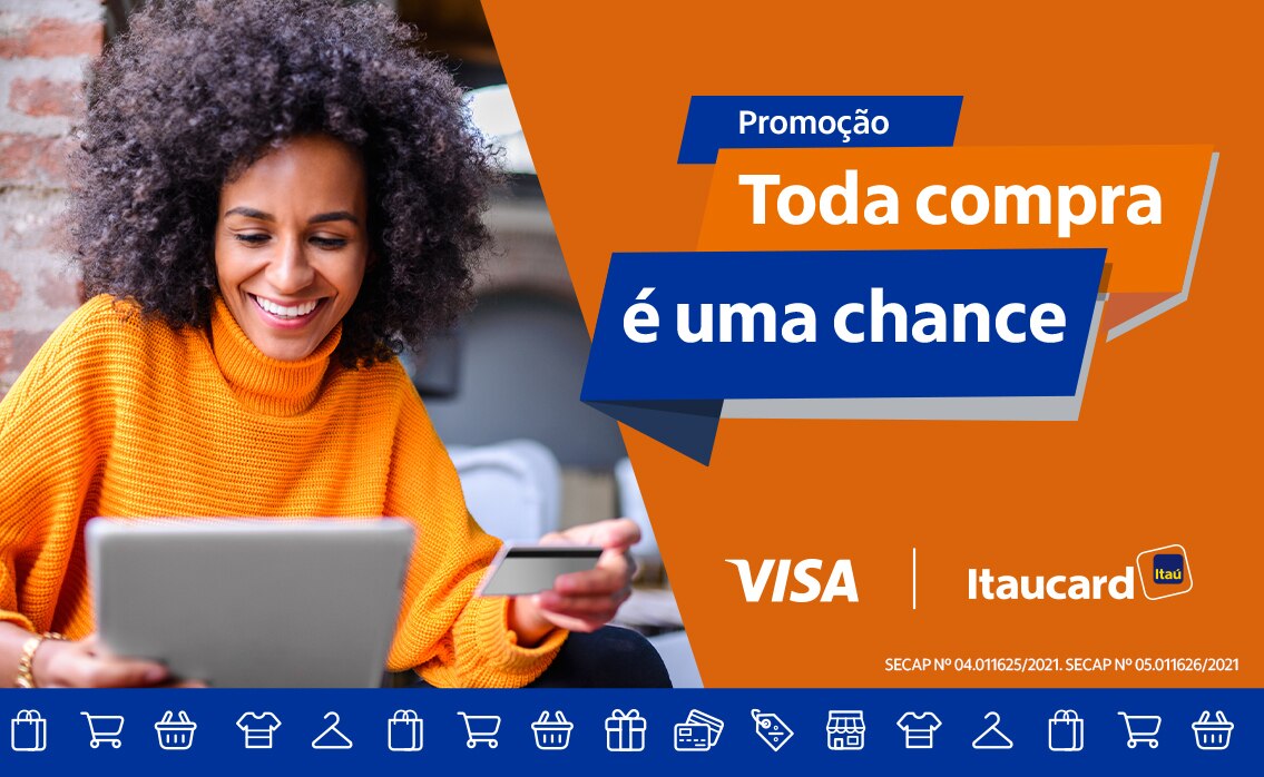 imagem composta por uma mulher sorrindo mexendo em um computador com os dizeres "promoção toda compra é uma chance" ao lado direito.