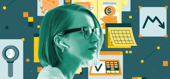 mulher ao redor gráficos e outros símbolos de investimentos