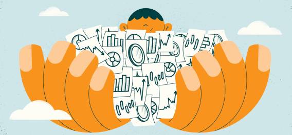 ilustração com um homem segurando cards com ilustração de investimento