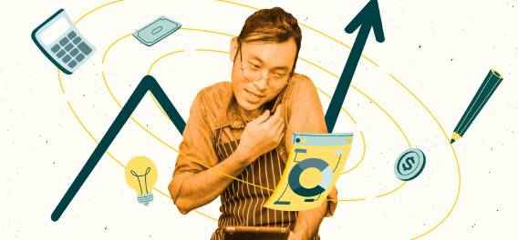 homem falando no telefone ao lado de ícones e símbolos de finanças