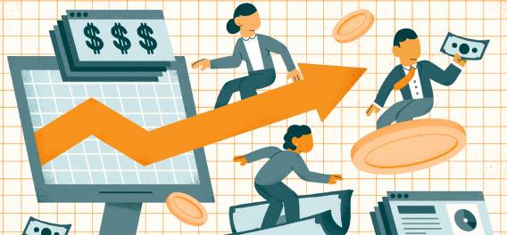 ilustração de 3 pessoas voando em gráficos, dinheiro e flechas