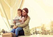 Mãe abraçando a filha que brinca num tablet.