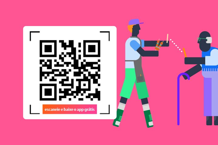 ilustarações referentes ao aplicativo iti com um QR code acompanhado de um texto dizendo escaneie e baixe o app grátis