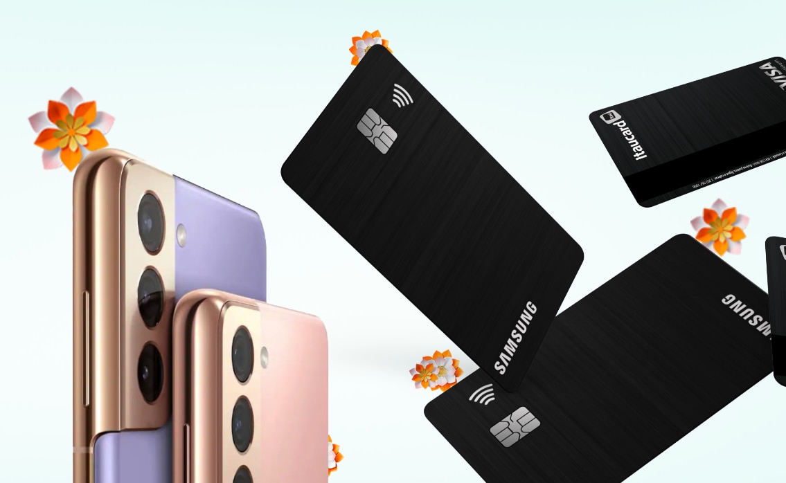 imagem composta por dois smarthones samsung e cartões itaucard visa platinum sob fundo azul claro