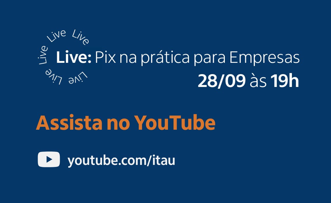 Fundo azul com texto Pix na prática para empresas 28 setembro as 19 horas assista no youtube