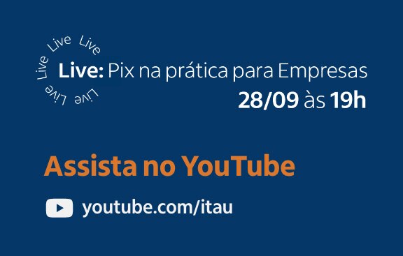 Fundo azul com texto Pix na prática para empresas 28 setembro as 19 horas assista no youtube