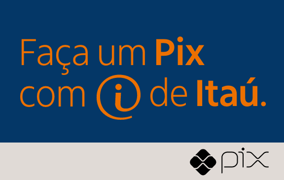 fundo azul com frase faça um Pix com I de Itaú e logo do Pix Bacen