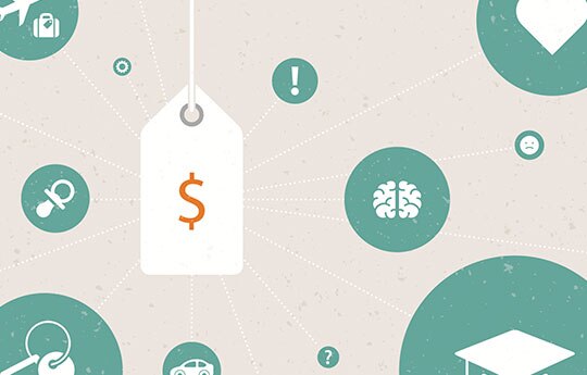 imagem com cifrão correlacionado  a imagens reprentativa de chaves, avisão, chupeta, cérebro, chapéu de formatura, carro e coração.