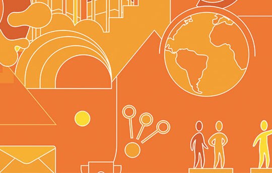 imagem representativa com diferentes tons de laranja, de pessoas, envolope e planeta.