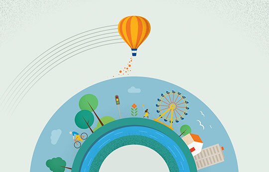 imagem representativa de um mundo com pessoa andando de bicicleta, roda gigante, casa, prédio, aves, árvores e um balão em movimento.