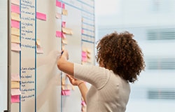 colaboradora do departamento de operações do Itaú, movimentando post its em um quadro branco.