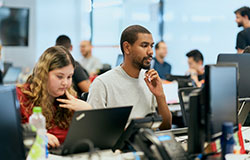 colaboradore a área de tecnologia concentrado e olhando para seus respectivos monitores.