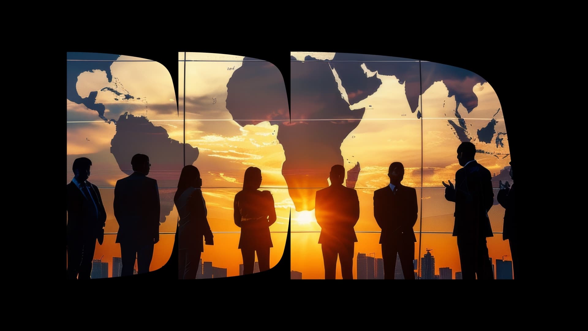 Sinueta de pessoas em pé em frente ao põr do sol com uma projeção do mapa mundí. Fonte: Adobe Stock e Itaú Private Bank