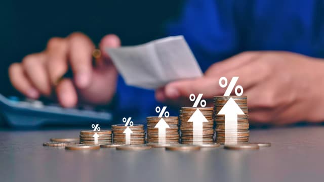 Pilhas de moedas com percentuais crescentes. Foto: Adobe Stock