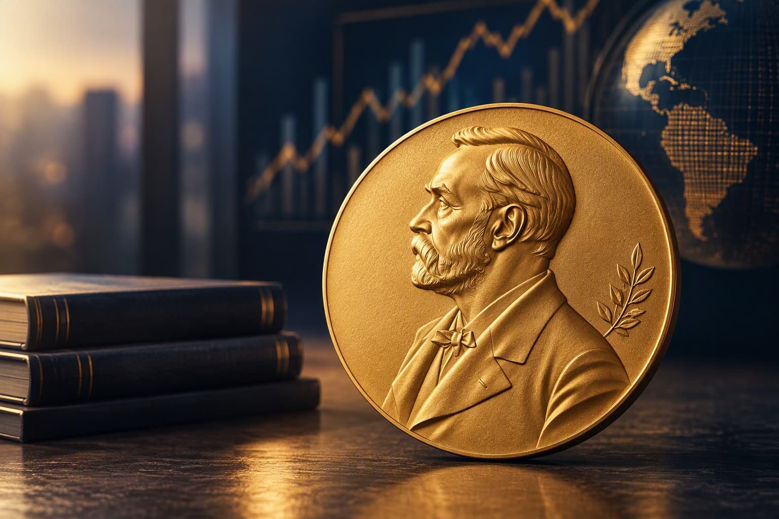 Imagem com a moeda do Prêmio Nobel de Ciências Econômicas sobre uma mesa, com livros ao mundo. Imagem gerada com o apoio de inteligência artificial.