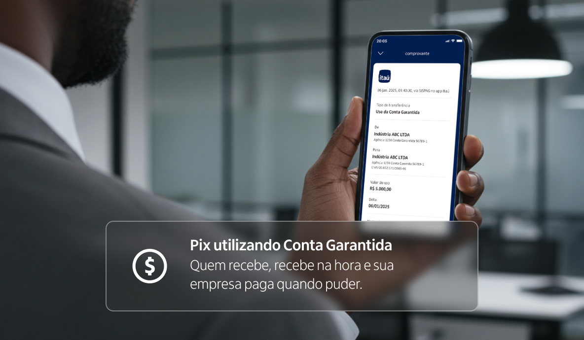Tela do celular no app Itaú Empresas na funcionalidade de Pix utilizando Conta Garantida​