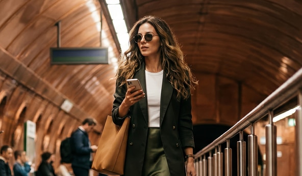 Pessoa em trânsito em uma estação urbana, conectada pelo smartphone, representando um estilo de vida global e dinâmico