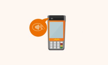 Ilustração de uma maquininha de cartão Rede, ao lado, um balão de fala com o símbolo do NFC dentro.