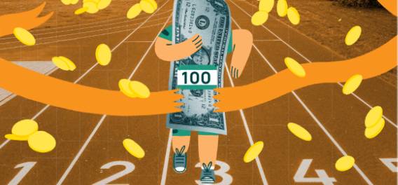 Ilustração de uma nota de 100 correndo uma maratona.