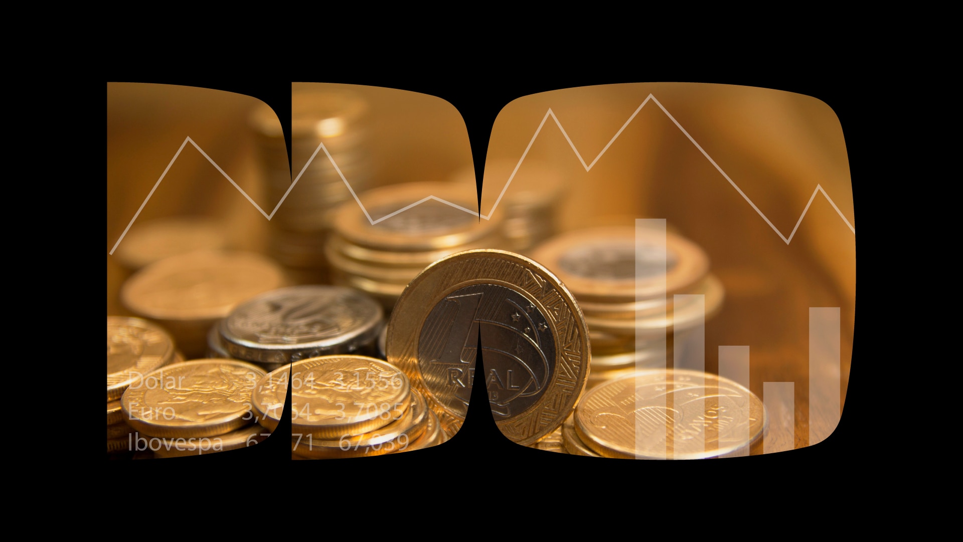 Imagem de moedas inserida em recortes do logo do Itaú rodeados por um fundo preto.