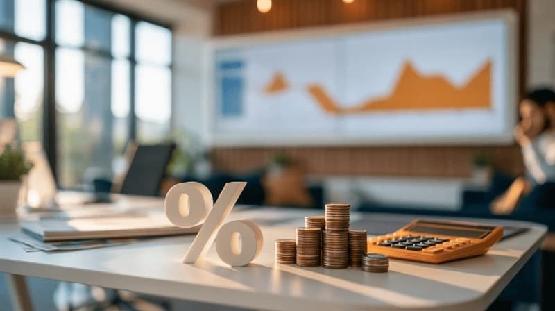 Enfeite em formato de porcentagem, pilhas de moedas e calculadora