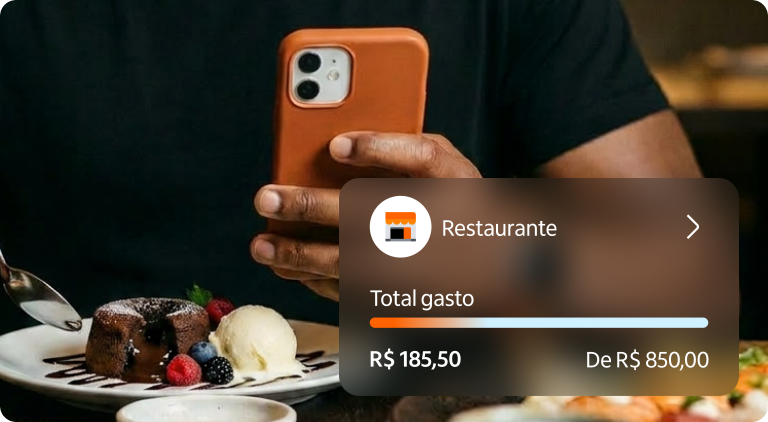 Fotografia de pessoa usando o celular e ícone de controle de gastos