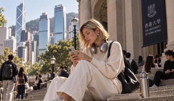 Cliente Itaú sentada na escadeira enquanto mexe em seu smartphone
