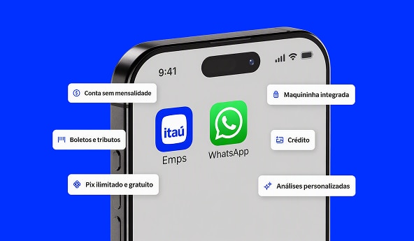 Imagem promocional com fundo azul e smartphone ao centro exibindo os ícones do Itaú Empresas e WhatsApp. Ao redor, aparecem benefícios destacados: conta sem mensalidade, boletos e tributos, Pix ilimitado e gratuito, maquininha integrada, crédito e análises personalizadas.