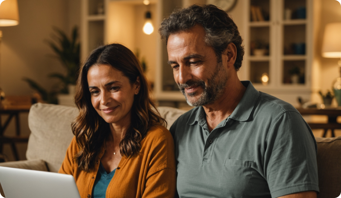 Casal sentados no sofá acessando o Itaú pelo notebook