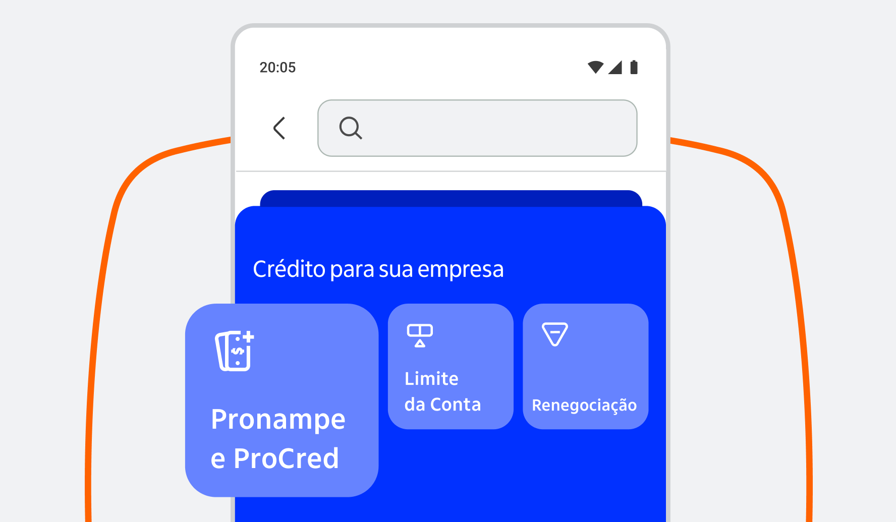 Tela do app em um smartphone, com o título “Crédito para sua empresa”. Na parte central, aparecem três opções em destaque em botões arredondados: “Pronampe e ProCred” (com ícone de dinheiro), “Limite da Conta” (com ícone de cartão) e “Renegociação” (com ícone triangular). No topo, há barra de busca, ícone de voltar e indicadores de sinal e bateria. O fundo apresenta elementos gráficos em azul e linhas curvas em laranja ao redor do aparelho.