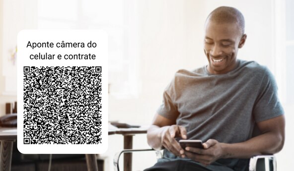 QR Code com o seguinte texto: Aponte câmera do celular e contrate.