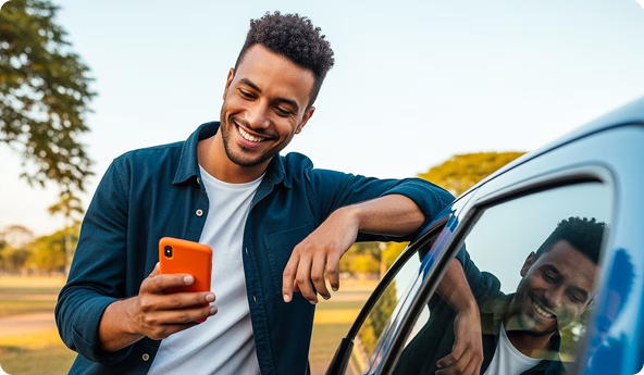 Cliente Itaú Uniclass apoiado em um carro estacionado, segurando um celular e olhando para a tela. Veículo refletido na lataria, ambiente ao ar livre com árvores e luz natural ao fundo.