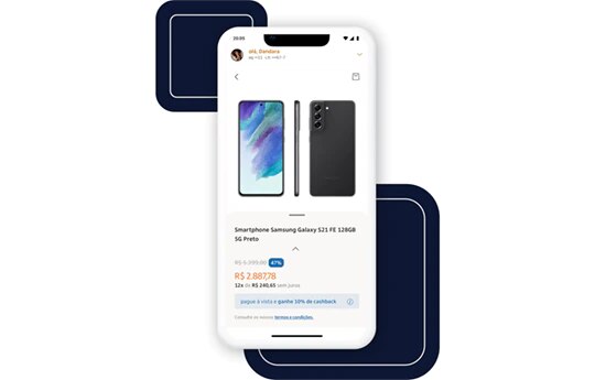 Imagem de um celular com o Itaú Shop aberto, mostrando um celular a venda.