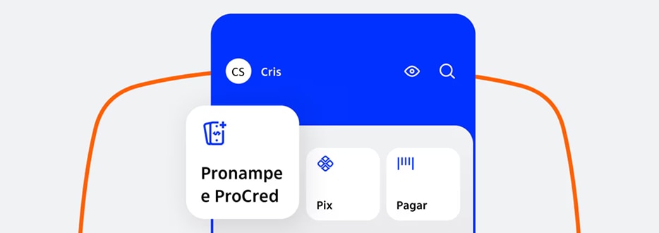 Tela de um celular com o menu do app destacando Pronampe e ProCred