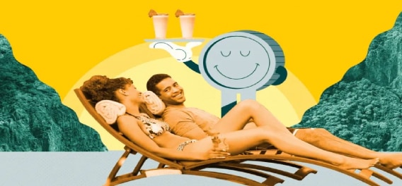 pessoas deitadas relaxando e desenho de uma moeda servindo drinks