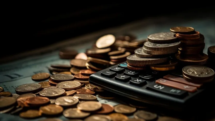 Várias moedas em cima da mesa com uma calculadora