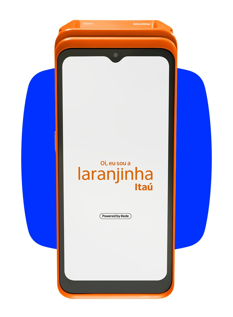 Laranjinha Itaú, com a frase na tela "Oi, eu sou a Laranjinha IItaú"