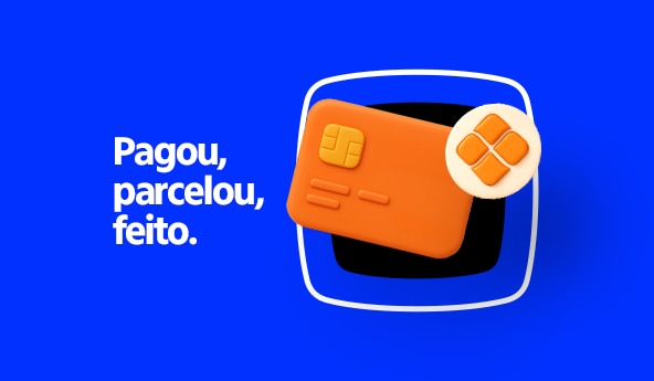 Ilustração de cartão e o símbolo do Pix, escrito "Pagou, parcelou, feito".