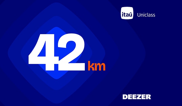 Card azul com 42 km, logos Itaú Uniclass e Deezer