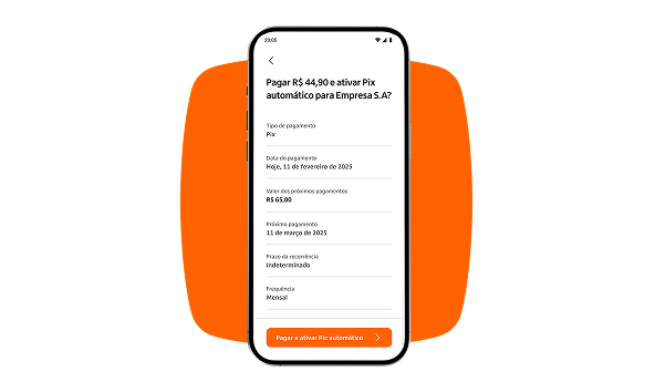 Tela do app Itaú mostrando agendamento de um Pix automático com valor e data programados.