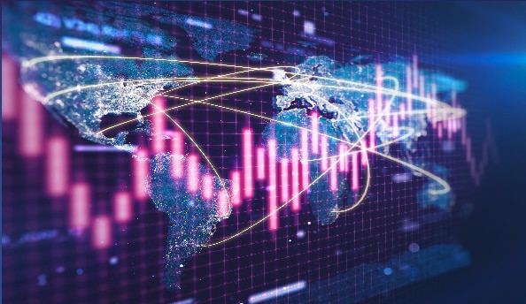 Imagem de um gráfico por cima da imagem do mapa mundi representando a conexão que o Itaú Personnalité possibilita ao cliente