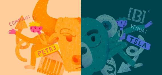 ilustração de metade urso, metade touro, ao lado das siglas de empresa