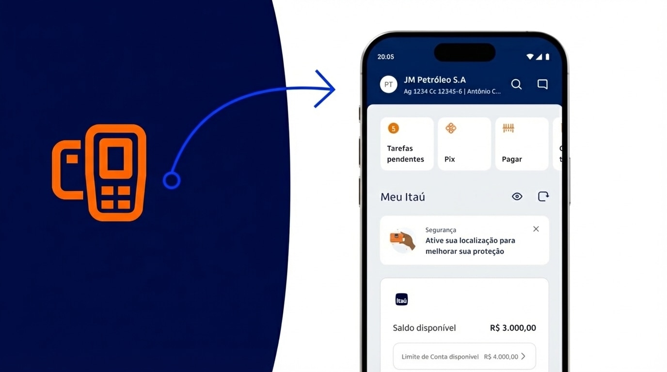 Tela do app e o ícone de laranjinha Itaú